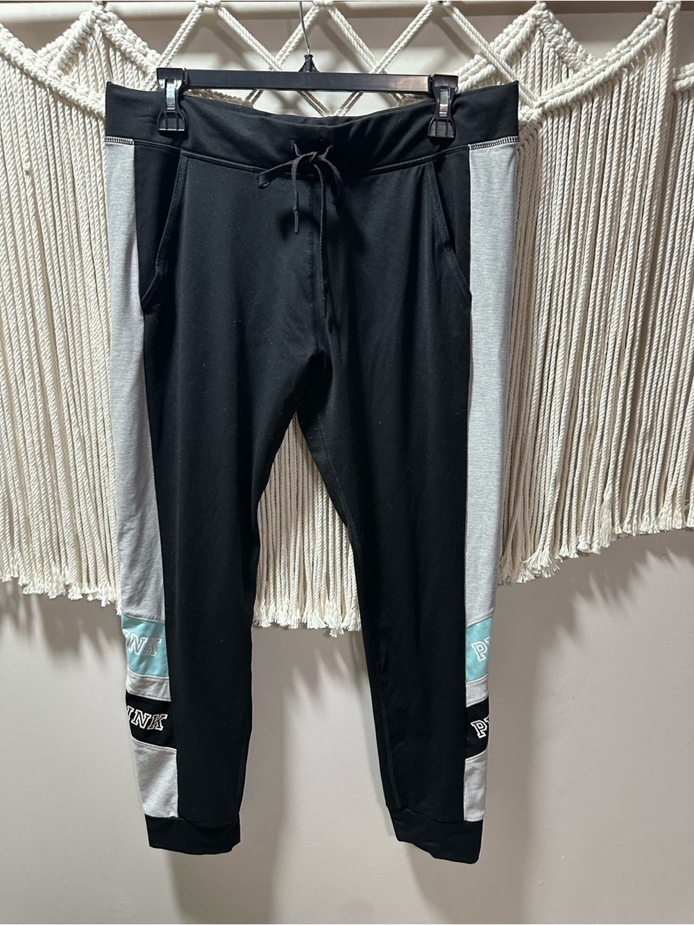 PINK Victoria's Secret Black Joggers with Light Gray Panels and Mint Trim